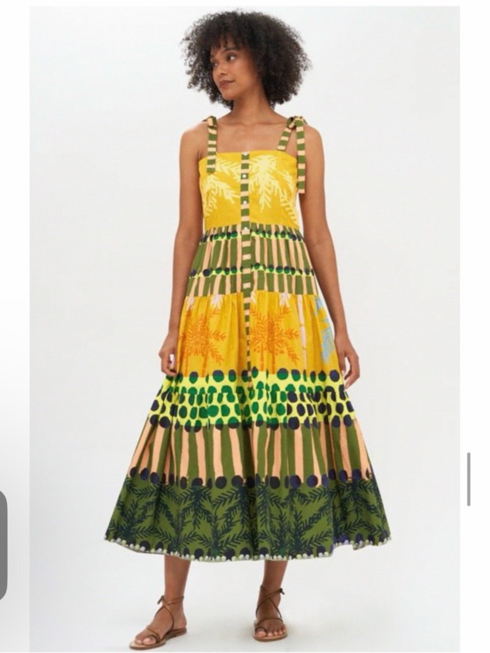 Oliphant Yellow & Green Printed Tie-Shoulder Midi Dress